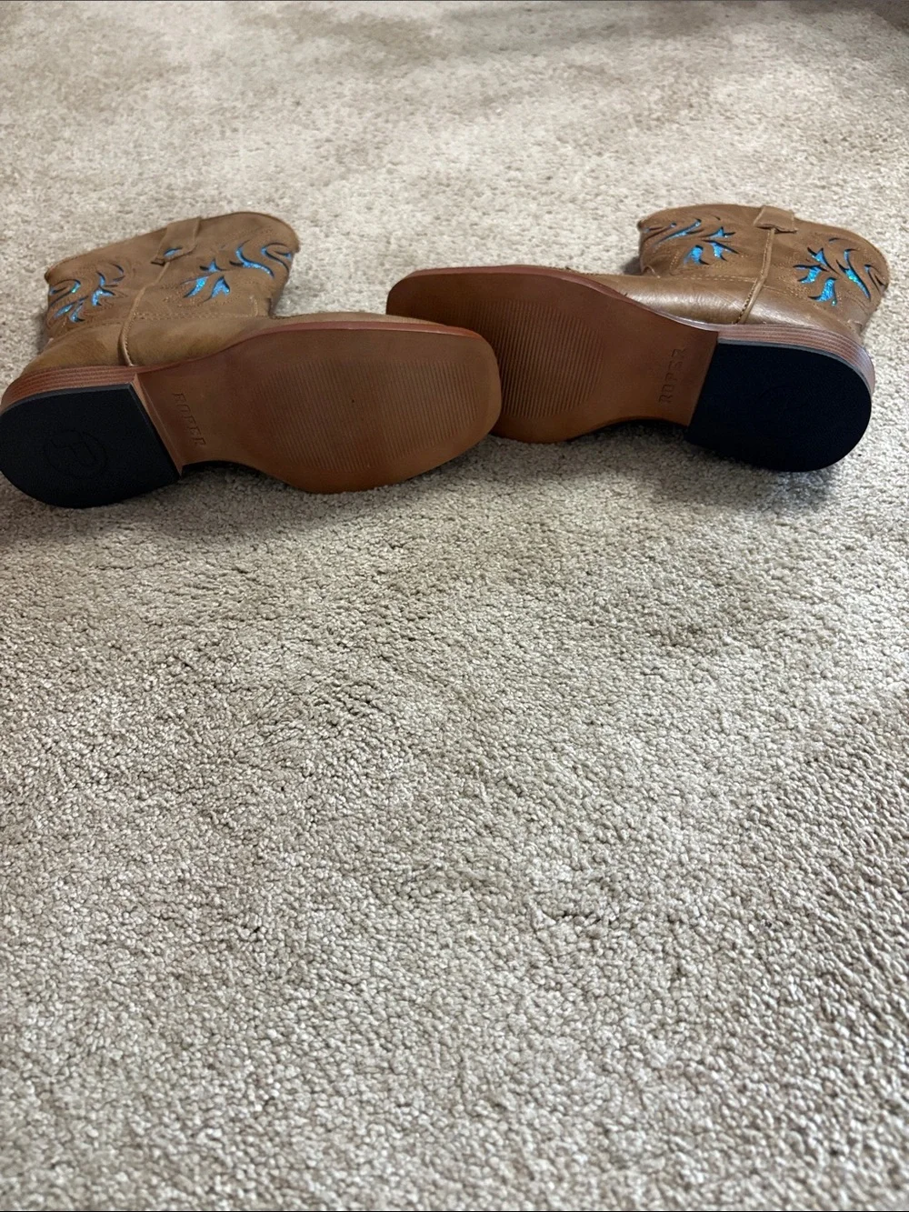 Roper Tan Girls Western Boots with Sparkly Turquoise Insets - Picture 3 of 4